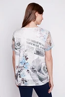Burnout newspaper print sequin trim top