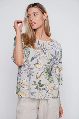 Tropical print cotton gauze top