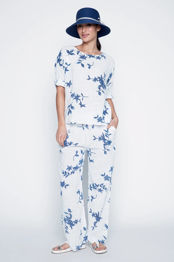 Pull on floral print cotton pant