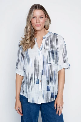 Abstract lines print cotton gauze blouse