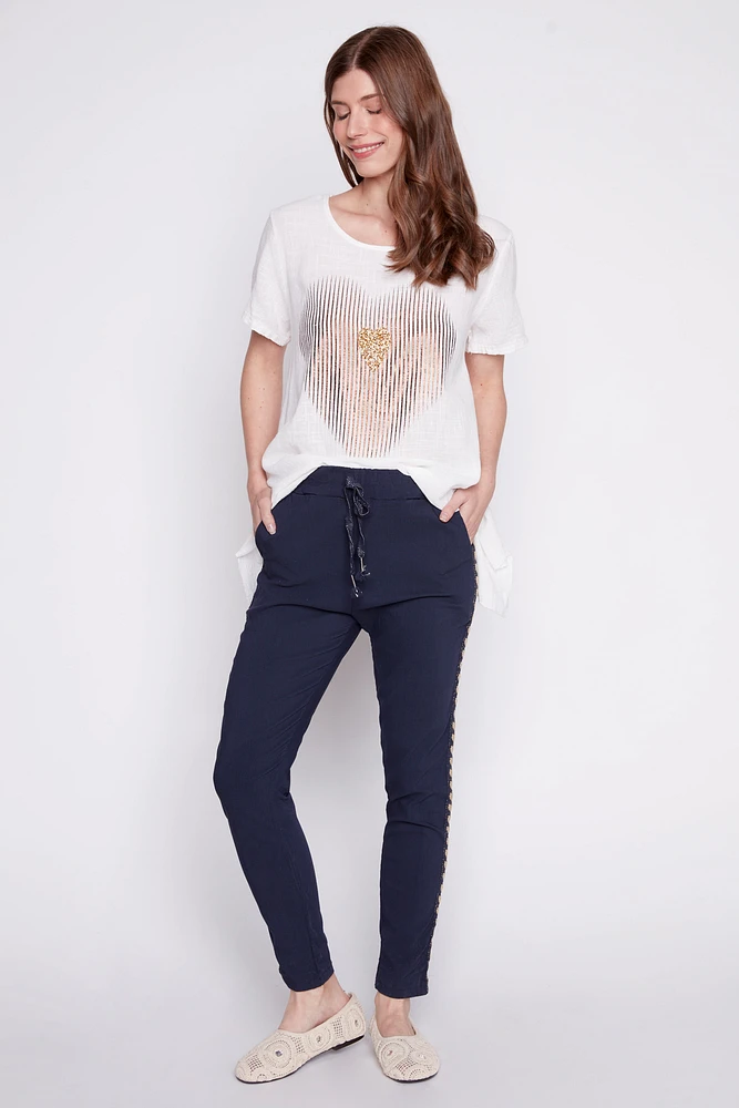 Crinkle pant with side heart tape
