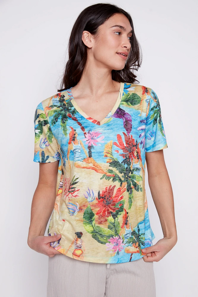 Burnout tropical print t-shirt