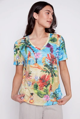 Burnout tropical print t-shirt