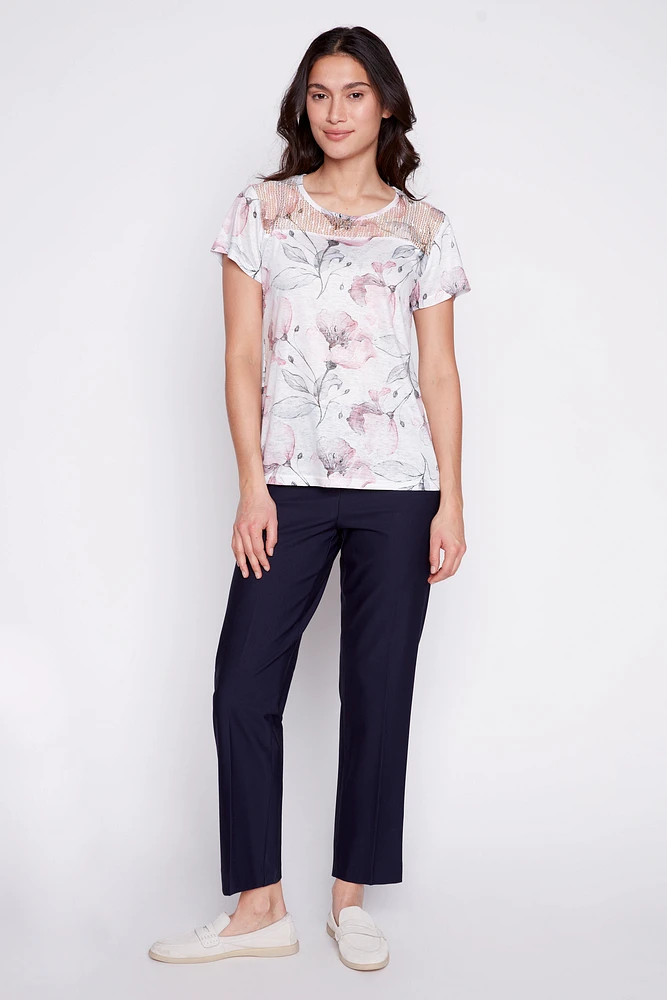 Crochet trim floral burnout t-shirt