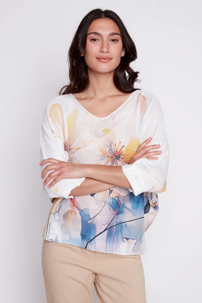 Floral print knit sweater
