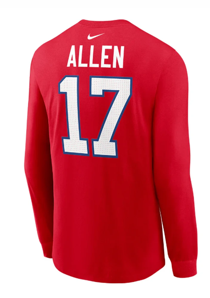 NFL Player Long Sleeve Shirt Name And Number Josh Allen Bills (Red)