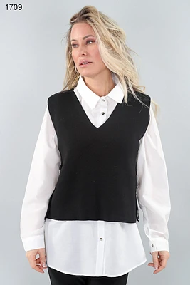 Blouse-cardigan set with gold side buttons