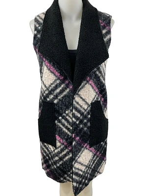 Sleeveless checked jacket with front pockets and side slits