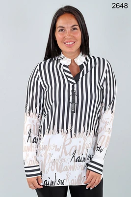 Striped/scripted shirt with Mao collar