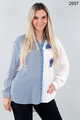 Semi-striped button-down blouse with flower appliqués
