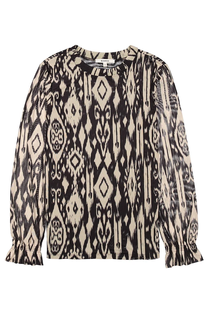 Printed mesh Top with frills on sleeves
