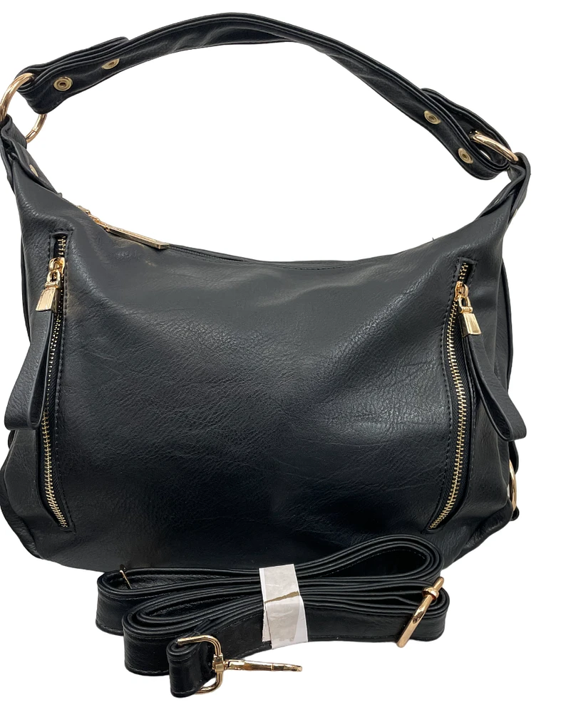Sac à main avec bandes décoratives latérales, anneaux et cloutés