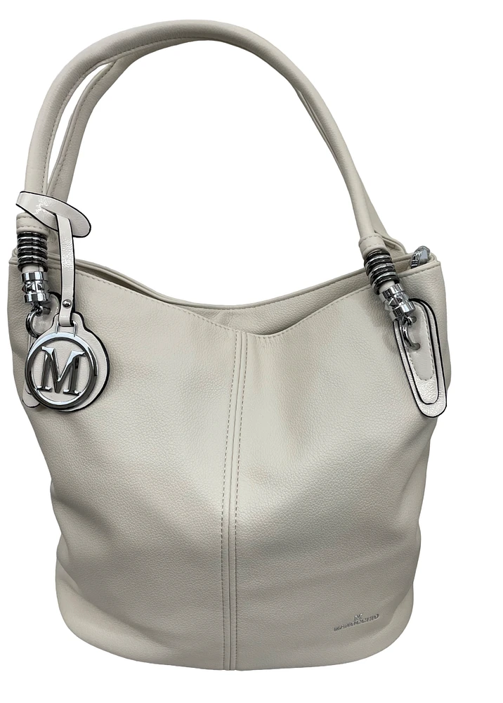Handbag adorned with silver rings and fringed logo