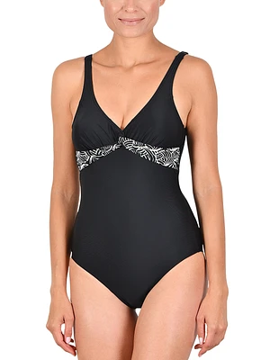 1-pc plain swimsuit with printed drape