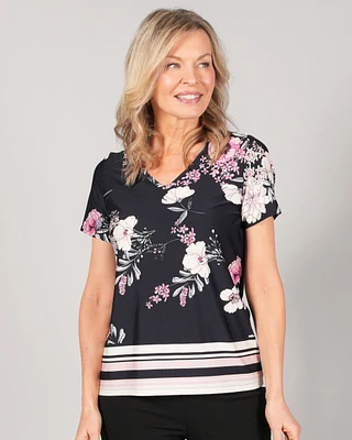 Short Sleeve V-Neck T-Shirt with Border Print