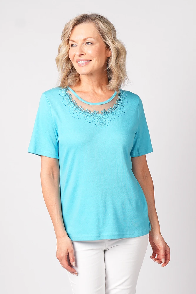 Floral Embroidered Mesh Neckline T-SHIRT