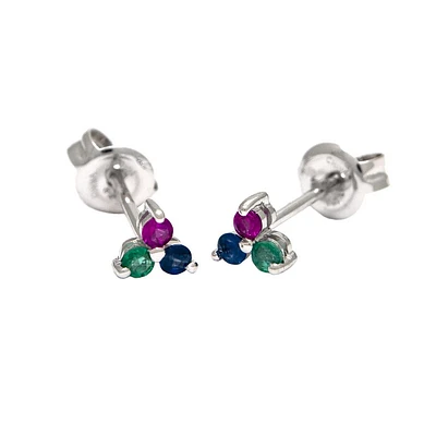 Trio Mixed Gem White Gold Stud Earrings