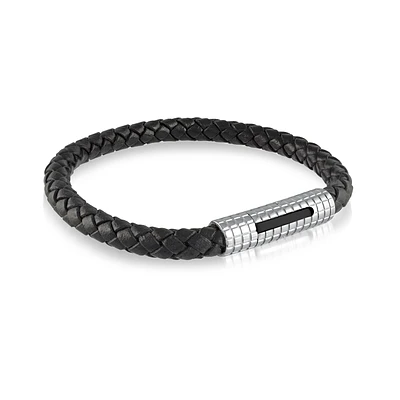 Black leather Steel Clasp Push Bracelet