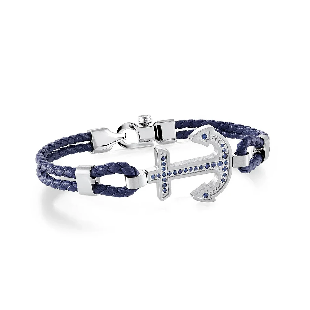 Blue Leather Anchor Steel Bracelet