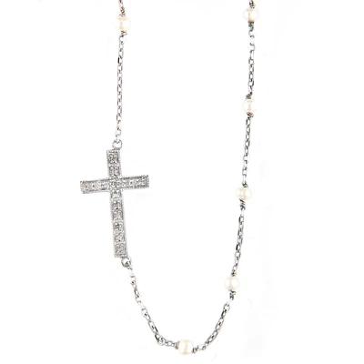 Sideways Cross Pearl Necklace