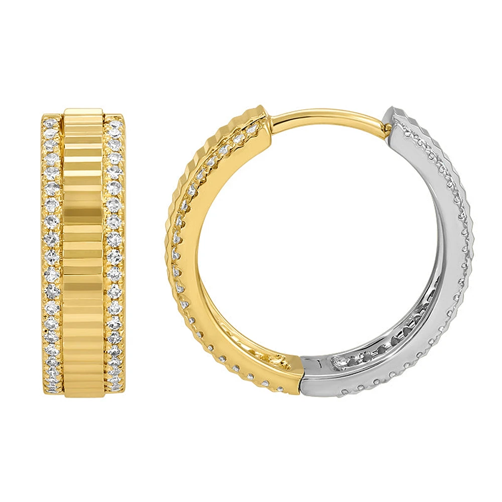 Fluted Reversible Two Tone and Diamonds 15MM Earrings