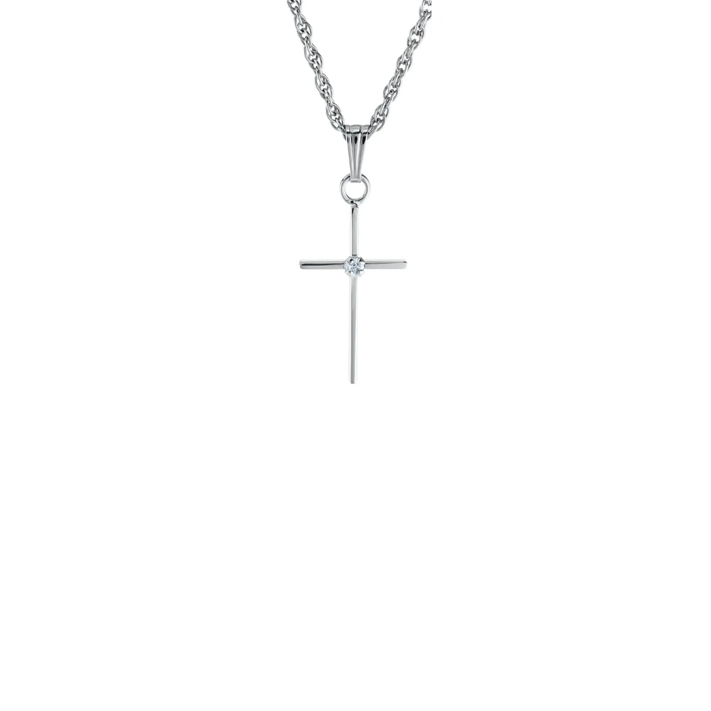 17MM Thin Solid Cross White Gold and Diamond Kids Necklace