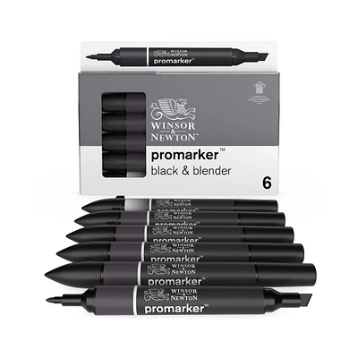 Ens. 6 marqueurs Promarker à double pointe - noir et marqueur mélangeur