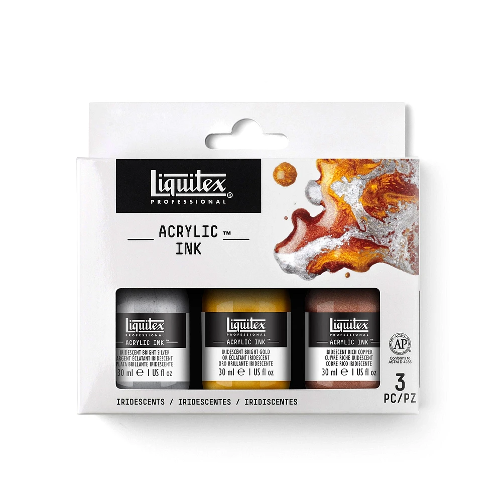 Ens. encres acryliques - couleurs iridescentes, 3 x 30 ml