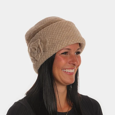 Knitted wool and boiled wool hat with flower