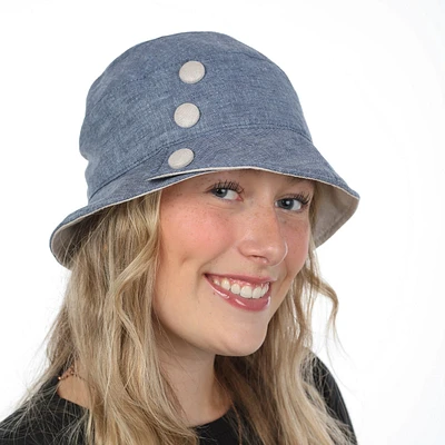 Cloche hat with blue linen effect buttons
