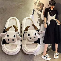 Cow Shhhandals Slippers | Unisex Linen Waffle Knit Plush Animal Slides Multiple Sizes