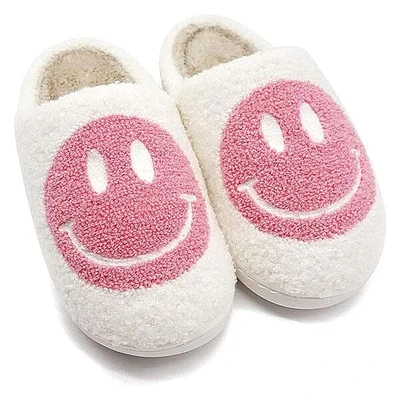 Smiley Face Plush Slippers for Indoors & Outdoors - Pink White (Multiple Sizes)