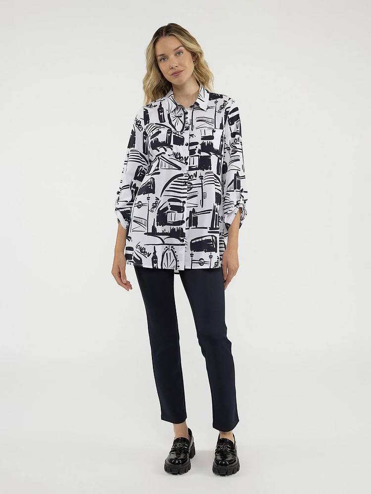 Blouse longueur tunique ample à manches 3/4 avec boutons
