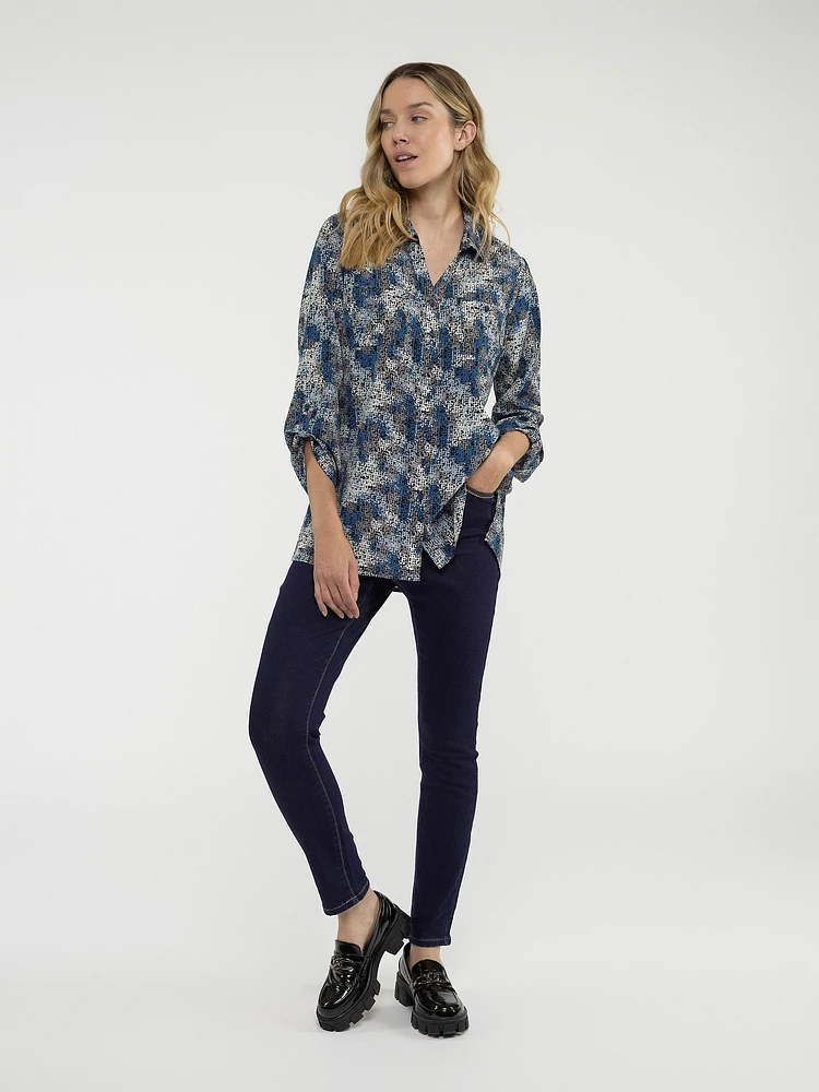 Blouse longueur tunique ample à manches 3/4 avec boutons