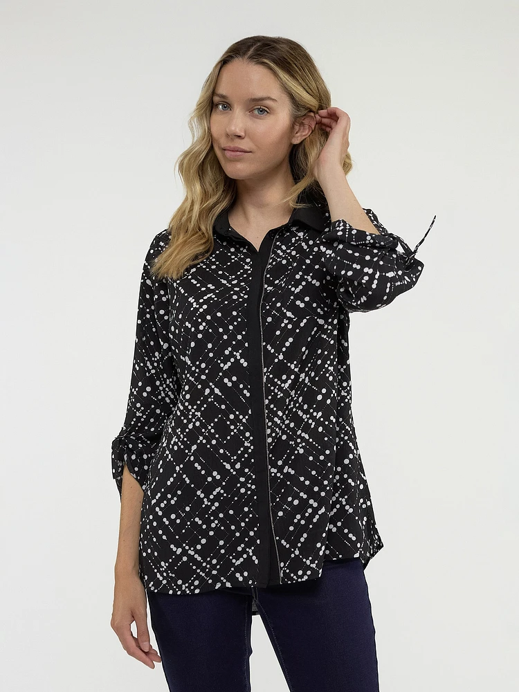 Blouse longueur tunique semi-ajustée à manches 3/4 avec boutons