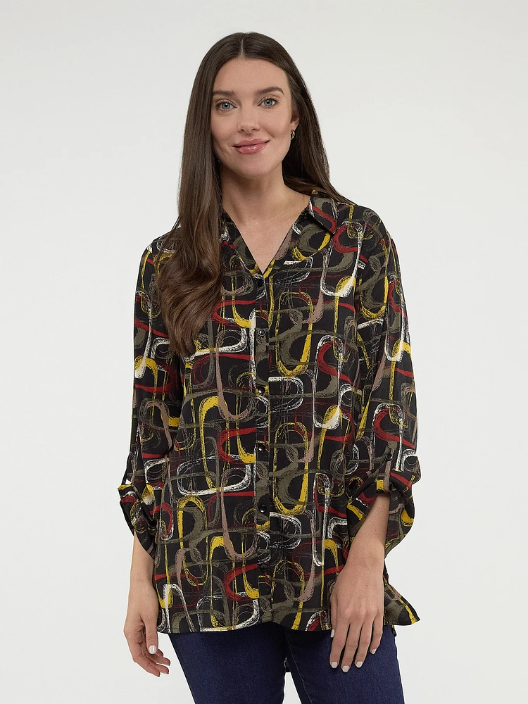 Blouse longueur tunique semi-ajustée à manches 3/4 avec boutons