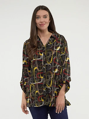 Blouse longueur tunique semi-ajustée à manches 3/4 avec boutons