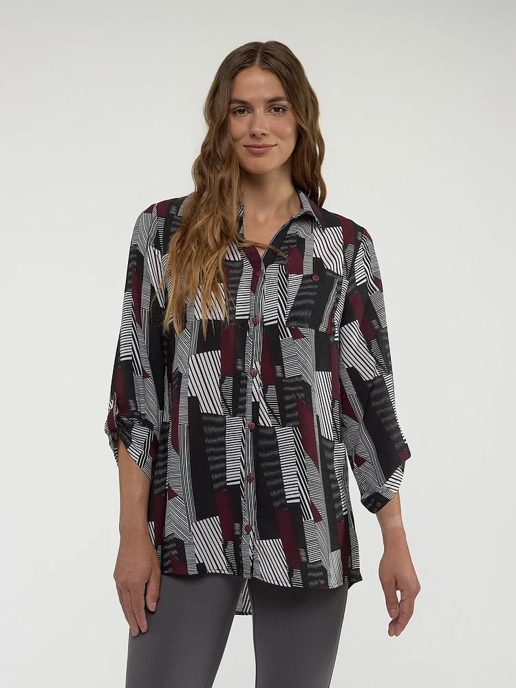 Blouse longueur tunique semi-ajustée à manches 3/4 avec boutons