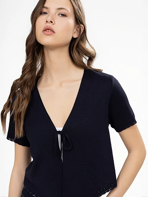 Short-sleeve semi-fitted open sweater cardigan