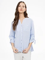 Blouse longueur tunique semi-ajustée à manches 3/4 avec boutons