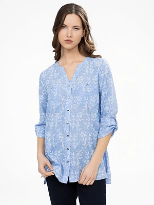 Blouse longueur tunique ample à manches 3/4 avec boutons