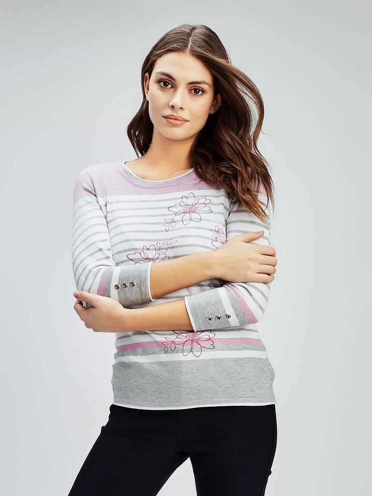 3/4-sleeve semi-fitted pullover sweater