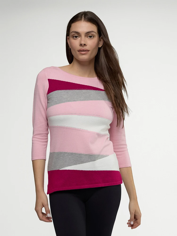 3/4-sleeve semi-fitted pullover sweater