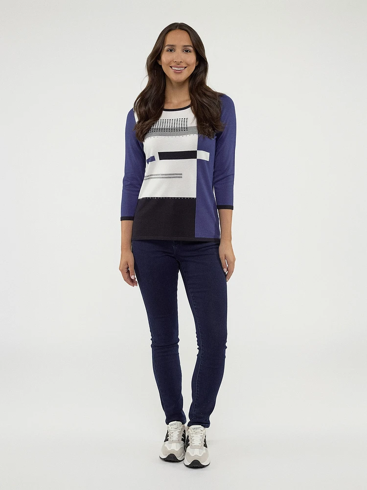 3/4-sleeve semi-fitted pullover sweater