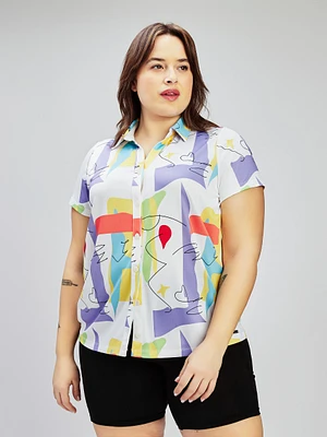 Short-sleeve semi-fitted blouse with buttons