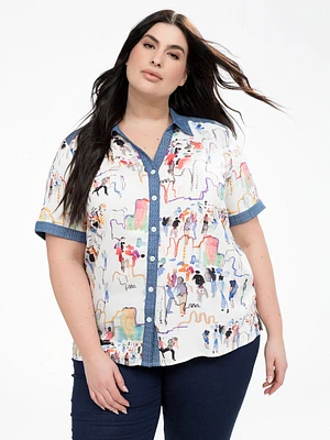 Short-sleeve semi-fitted blouse with buttons