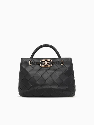 Cleo Small Woven Satchel Black Leather