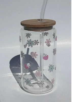 Tumbler en verre fleurs pastels
