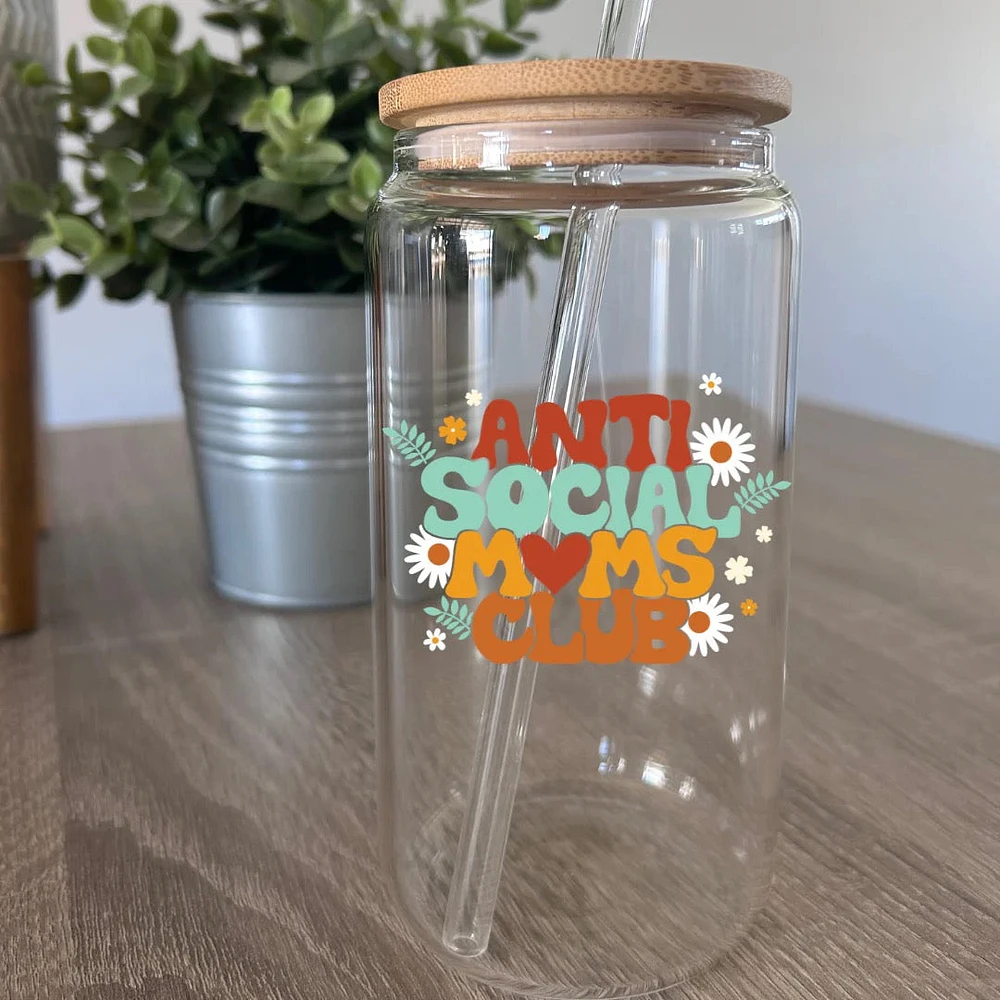 Tumbler en verre avec couvercle et paille (16 oz) - Anti social moms club đ
ââïž