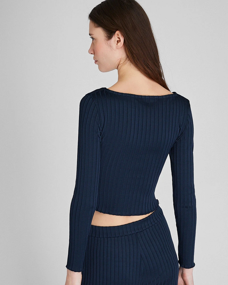 Shiny Wide Rib V-Neck Cardigan